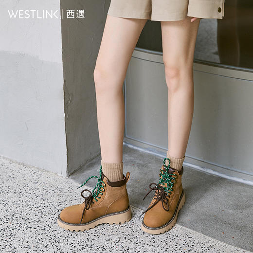 西遇厚底马丁靴大黄靴女新款秋冬爆款美式复古工装靴系带短靴D3547557 商品图3