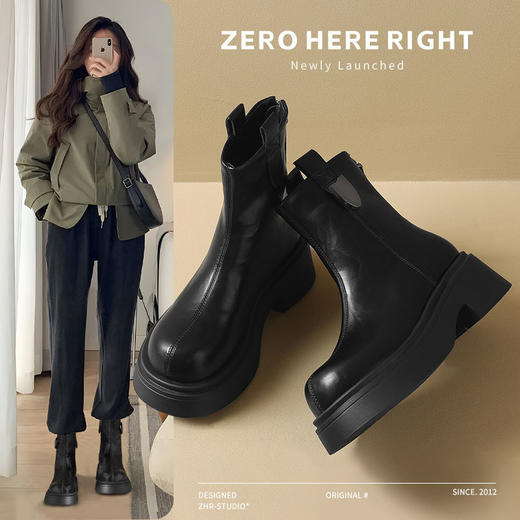 ZHR厚底短靴女2024秋冬新款英伦风加绒瘦瘦靴轻便马丁靴切尔西靴 商品图0
