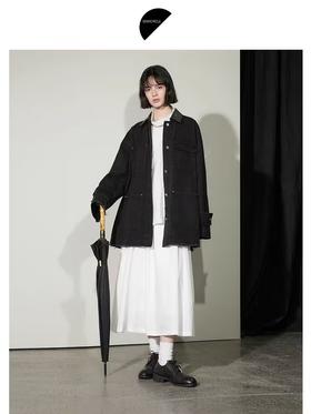 半圆/D24304403/牛仔拼接水洗皮工装外套