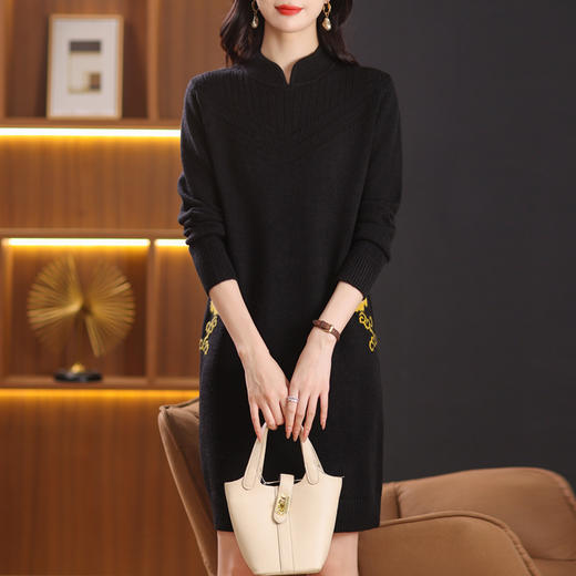 CC-101-68229中式国风针织打底衫毛衣2024冬季新款中长款立领羊毛保暖裙 商品图3