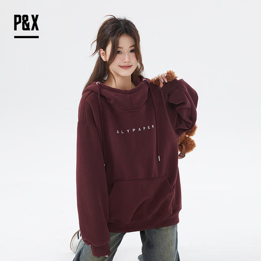 P&X设计师女装冬季长袖宽松连帽加绒短款卫衣 824417166 枣红 商品图1