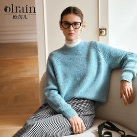 OLrain欧芮儿法式蓝色毛衣女冬季2024新款慵懒风别致圆领毛针织衫