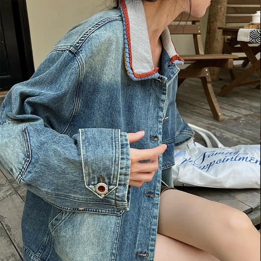 【顺丰包邮】05005 洛诗琳港风高级感洗水撞色领宽松显瘦牛仔夹克444 商品图0