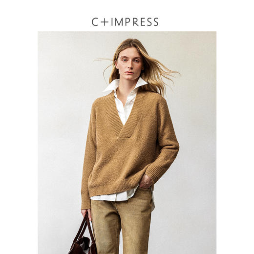 西嘉|牦牛绒美丽奴羊毛混纺 慵懒风V领宽松毛衣针织衫上衣女冬季 商品图3