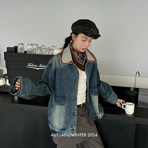 【顺丰包邮】05005 洛诗琳港风高级感洗水撞色领宽松显瘦牛仔夹克444 商品图2