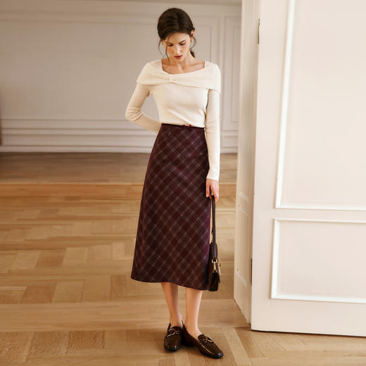 OLrain欧芮儿红色格子半身裙女冬季2024年新款通勤蝴蝶结A字裙 商品图1