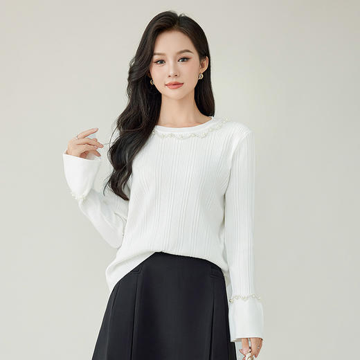奢姿大码女装2025秋季减龄钉珠喇叭袖时尚针织衫胖妹妹百搭上衣9843853546 商品图1