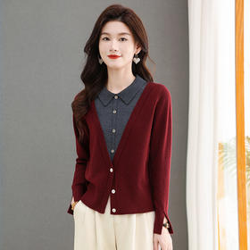 CC-MY-1168假两件拼色上衣时尚洋气羊毛针织打底衫女春秋冬内搭衬衫领毛衣女