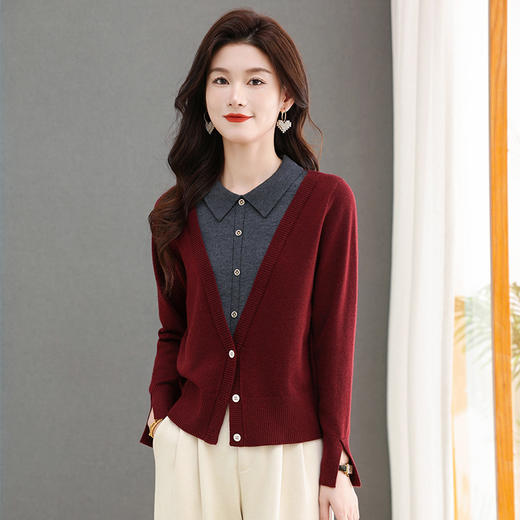 CC-MY-1168假两件拼色上衣时尚洋气羊毛针织打底衫女春秋冬内搭衬衫领毛衣女 商品图0