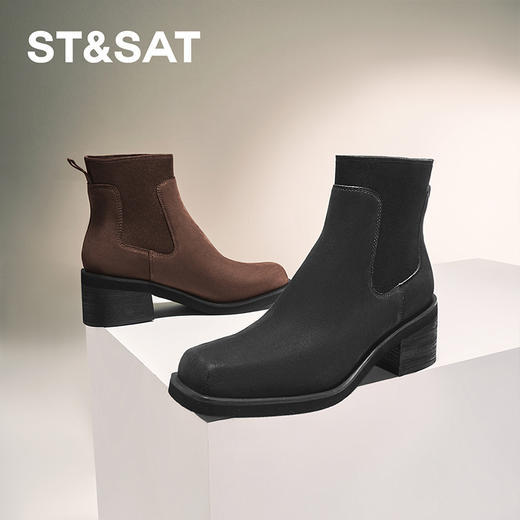 星期六复古方头舒适百搭粗跟袜筒靴SSC4116391 商品图0