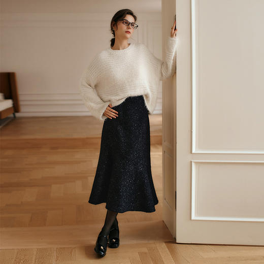 OLrain欧芮儿法式黑色半身裙女冬季2024年新款气质通勤亮片鱼尾裙 商品图1