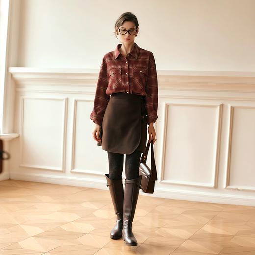 OLrain欧芮儿格子长袖衬衫女冬季2024年新款简约休闲宽松加厚上衣 商品图3