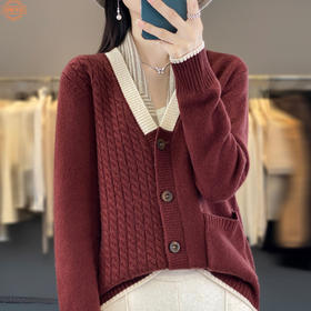 丁摩 秋冬纯羊毛开衫女V领针织长袖拼色毛衣外套56-196