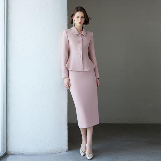 IWY/韩版名媛范套装女厚款小立领短外套冬毛呢粉色中长款套裙CS2092 商品图4