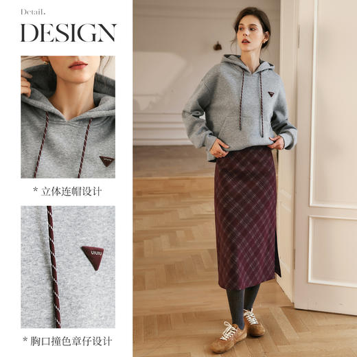 OLrain欧芮儿灰色连帽卫衣女冬季2024年新款格雷系宽松加绒上衣 商品图2