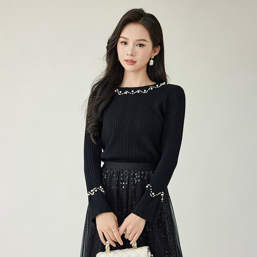 奢姿大码女装2025秋季减龄钉珠喇叭袖时尚针织衫胖妹妹百搭上衣9843853546 商品图4