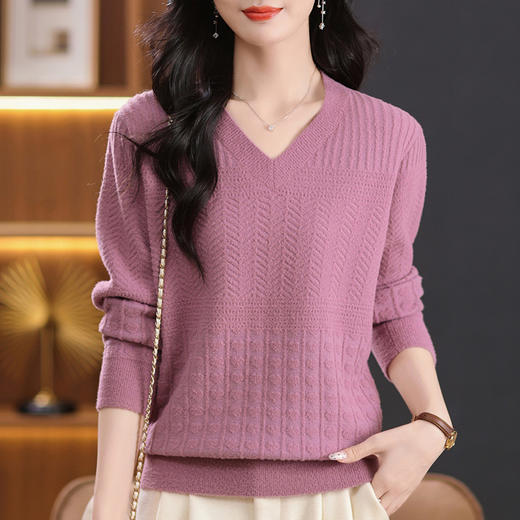 CC-5-9913鸡心领女士秋冬季新款百搭长袖厚毛衣宽松打底针织衫提花上衣洋气 商品图2