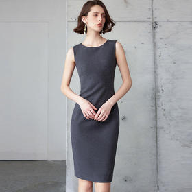 IWY/厚款气质修身无袖连衣裙女秋冬知性灰色毛呢中长款包臀裙Q1225