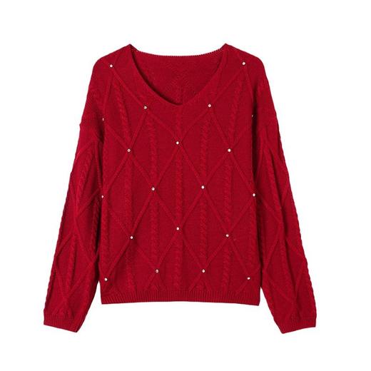 CC-27-24167红色气质毛衣好看钉珠V领打底衫女上衣潮2024新款秋冬季针织衫 商品图4