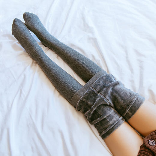 秋冬季螺纹棉竖条纹加绒加厚打底裤外穿踩脚保暖裤女士连脚一体裤 商品图2