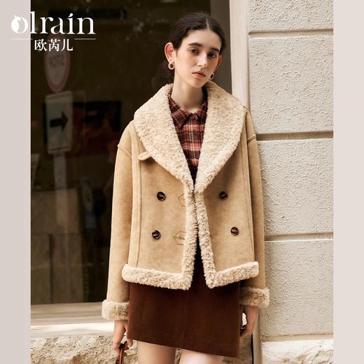 OLrain欧芮儿卡其色皮草外套女冬季2024新款休闲翻领加厚保暖上衣 商品图0