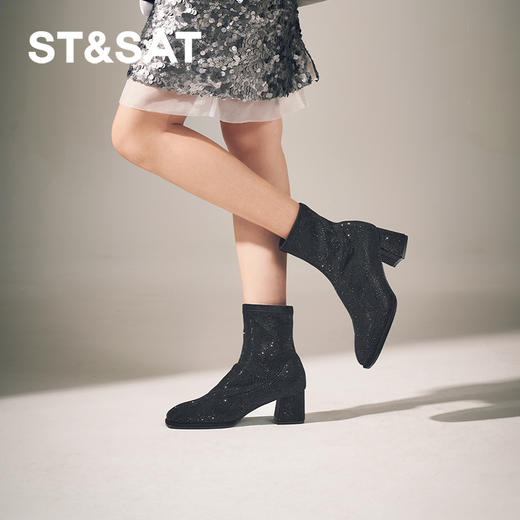 星期六精致细闪时尚粗跟瘦瘦靴SSC4116372 商品图1