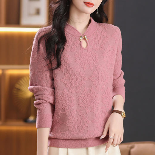 CC-5-9125大码宽松中式减龄洋气秋冬季新款女士提花毛衣针织打底衫 商品图0