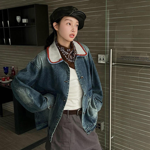 【顺丰包邮】05005 洛诗琳港风高级感洗水撞色领宽松显瘦牛仔夹克444 商品图1