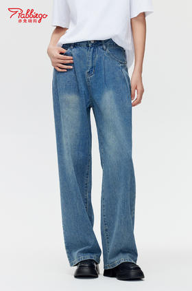 赤兔嗨购复古蓝/怀旧蓝阔腿牛仔裤女高腰褶皱高级感2024年新款直筒宽松垂感拖地裤复古怀日风