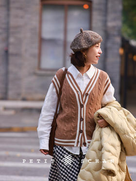 再回首 绵羊毛羊绒V领绞花撞色针织马甲