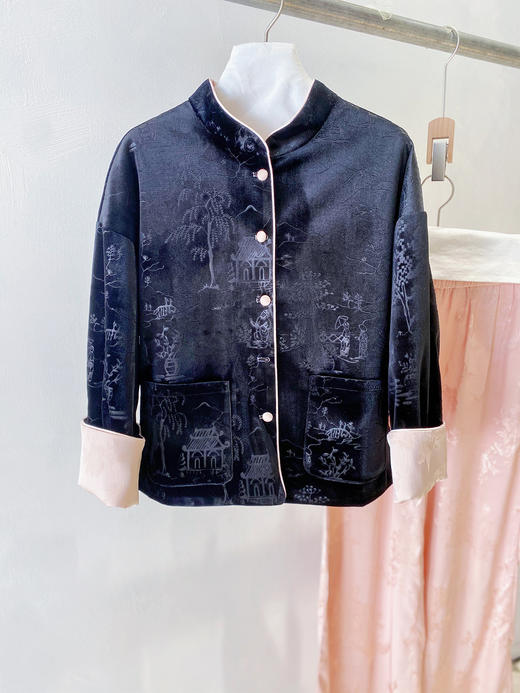 【丁摩】秋季新中式双面穿丝绒提花上衣改良唐装红色外套女5786 商品图1