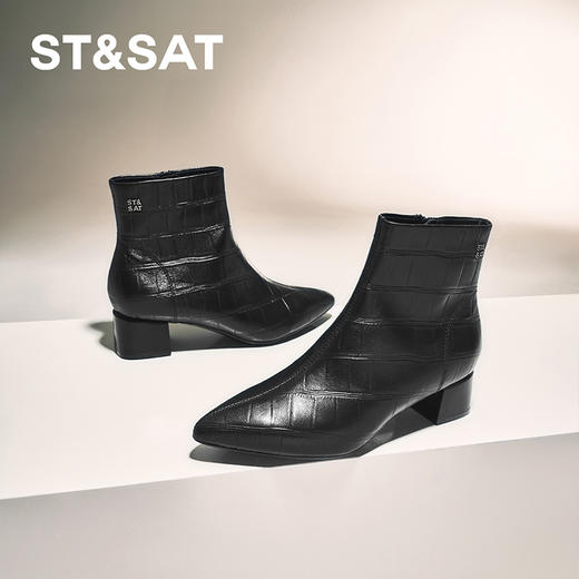 星期六时尚通勤压纹设计尖头粗跟短靴SSC4116418 商品图0