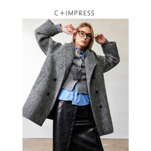 西嘉|精梳美丽诺羊毛 高智感格雷系水波纹灰色中长款毛呢外套女冬 商品图0