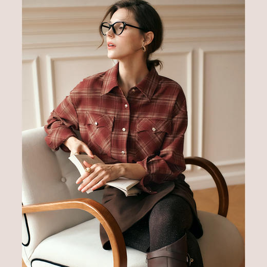 OLrain欧芮儿格子长袖衬衫女冬季2024年新款简约休闲宽松加厚上衣 商品图4