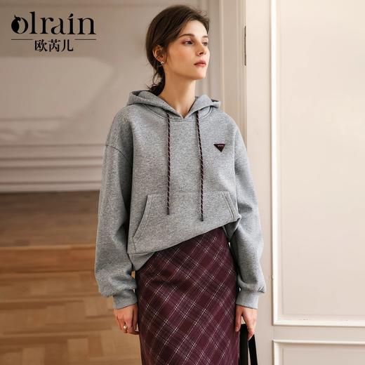 OLrain欧芮儿灰色连帽卫衣女冬季2024年新款格雷系宽松加绒上衣 商品图0