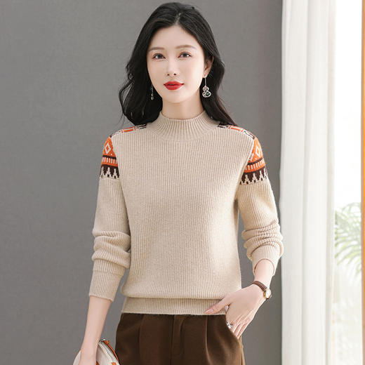 CC-103-6731羊毛半高领毛衣女秋冬内搭宽松新款拼色上衣套头长袖打底衫 商品图1