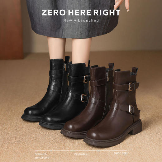 ZHR废土风加绒马丁靴女2024新款高级皮带扣瘦瘦靴时尚ins平底短靴 商品图5