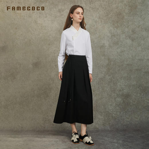Famecoco范可儿高级锻感拼接半身裙中式简约A字长裙FAC6HA010 商品图4