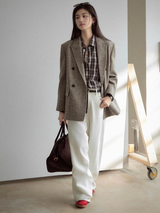 Even Vintage|复古腔调 品质绵羊毛花呢宽肩廓形氛围感西装外套女 商品图1