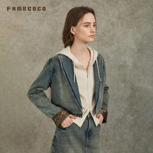 Famecoco范可儿复古牛仔套装V领短外套A字裙两件套FAC6EA003 商品图4