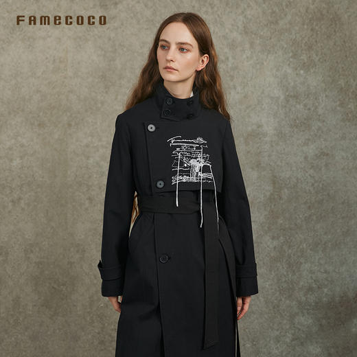 Famecoco范可儿长款直筒风衣外套半高领刺绣通勤外套FAC6AT008 商品图5