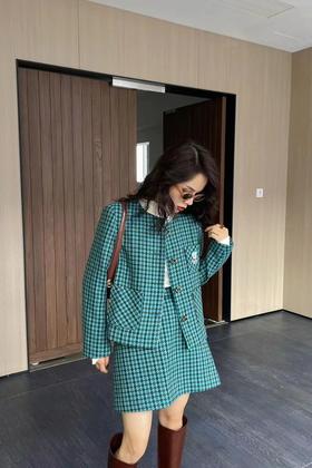 amadella 国潮复古格纹夹棉外套半裙套装 17410