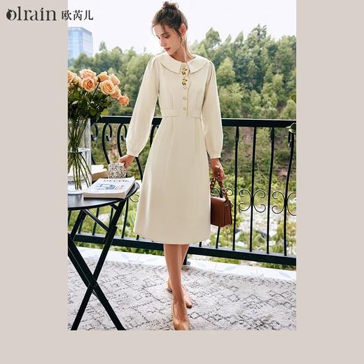 OLrain欧芮儿法式杏色翻领连衣裙女秋季2023年新款收腰刺绣A字裙 商品图0