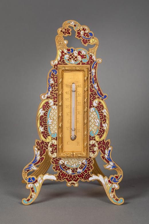 独角鹿西洋古董 1850-1870年代法国拿破仑三世时期出品铜鎏金装饰珐琅彩绘温度计 商品图0