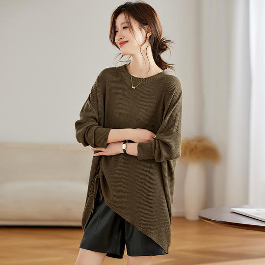 CC-JDS-8873秋装长袖t恤女2024春秋新款不规则抽绳蝙蝠袖针织衫慵懒宽松毛衣 商品图2