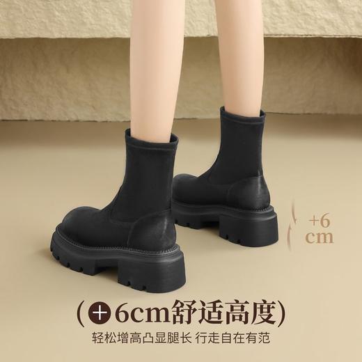 ZHR粗跟短靴女鞋冬季薄绒咖色袜靴2024新款保暖弹力瘦瘦靴马丁靴 商品图5