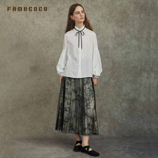 Famecoco范可儿天丝棉灯笼袖纯色衬衣减龄织带小立领FAC6BH017 商品图4