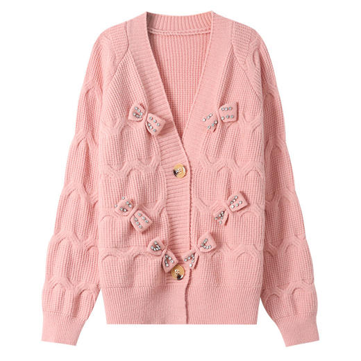 CC-103-82720蝴蝶结v领针织开衫女秋冬新款韩版麻花毛衣外套慵懒风蝙蝠袖上衣 商品图4