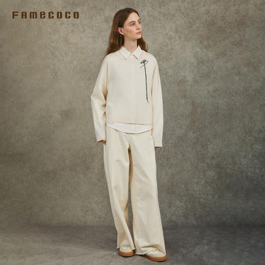 Famecoco范可儿短款圆领套头毛衫休闲高级手工绣花FAC6DB012 商品图1