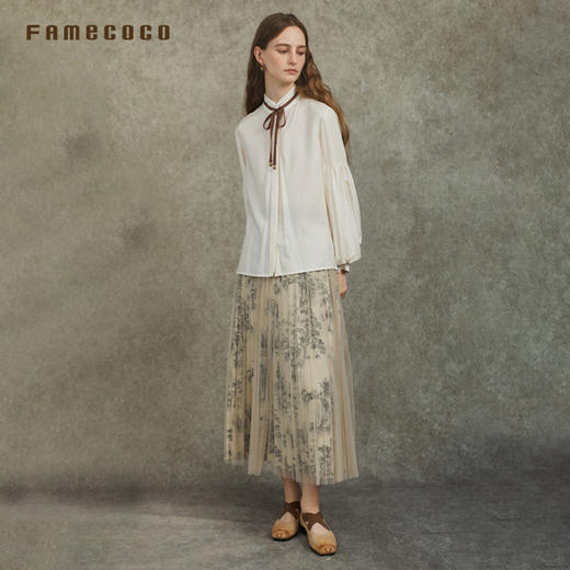 Famecoco范可儿天丝棉灯笼袖纯色衬衣减龄织带小立领FAC6BH017 商品图2